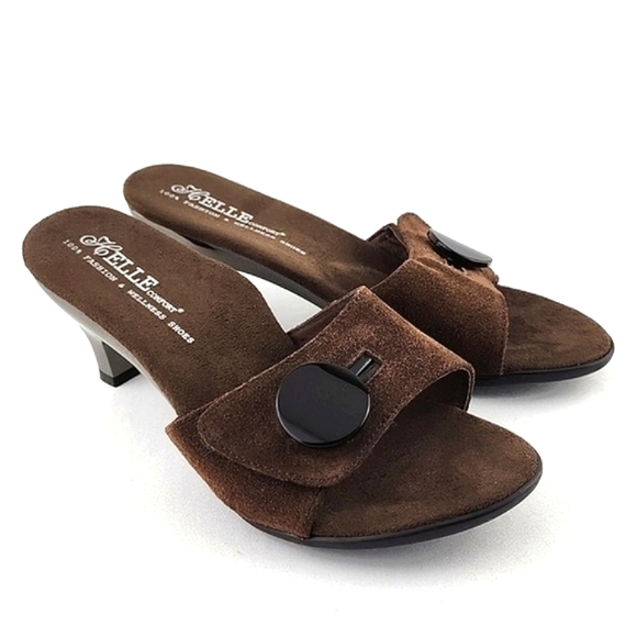 Helle Comfort Brown Suede Chrome Kitty Heeled Slip On Sandals Arch Support Sz 38 - Picture 2 of 16